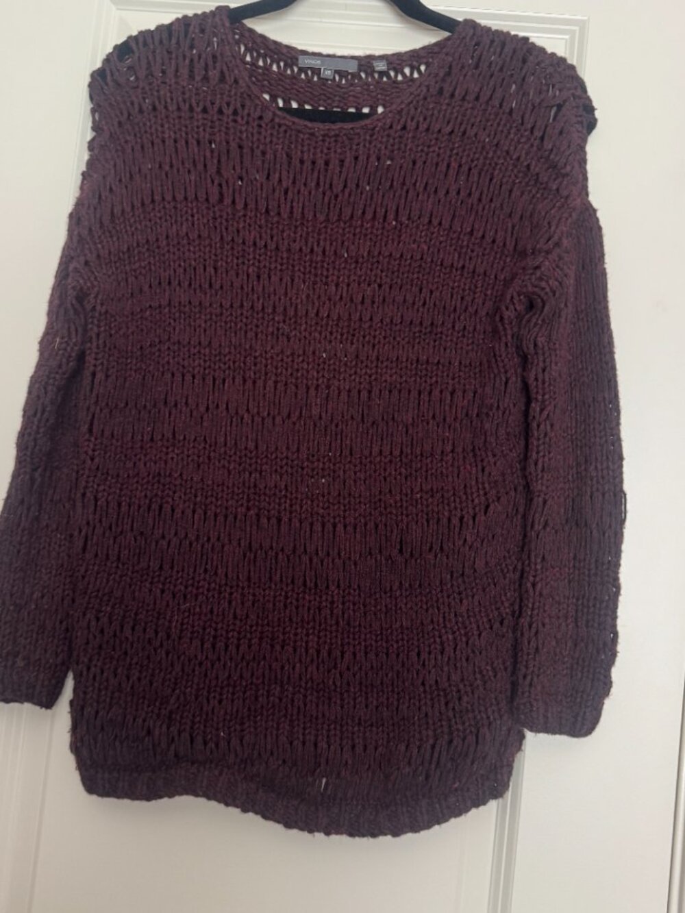 Vince Burgundy Open Knit Fringe Hem Sweater XS